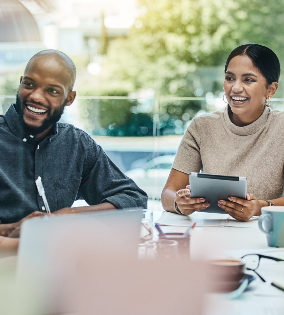 Business meeting, happy people and teamwork, planning or funny meme or blog ideas for digital agency or project goals. Men, women or group employees talking, workflow agenda and creative glass board